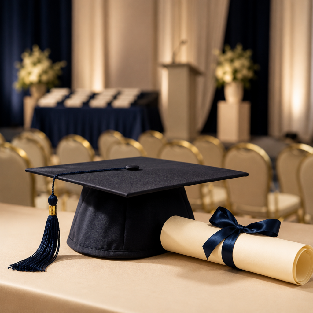 toque marine et tube porte diplôme posés sur une table devant une scène