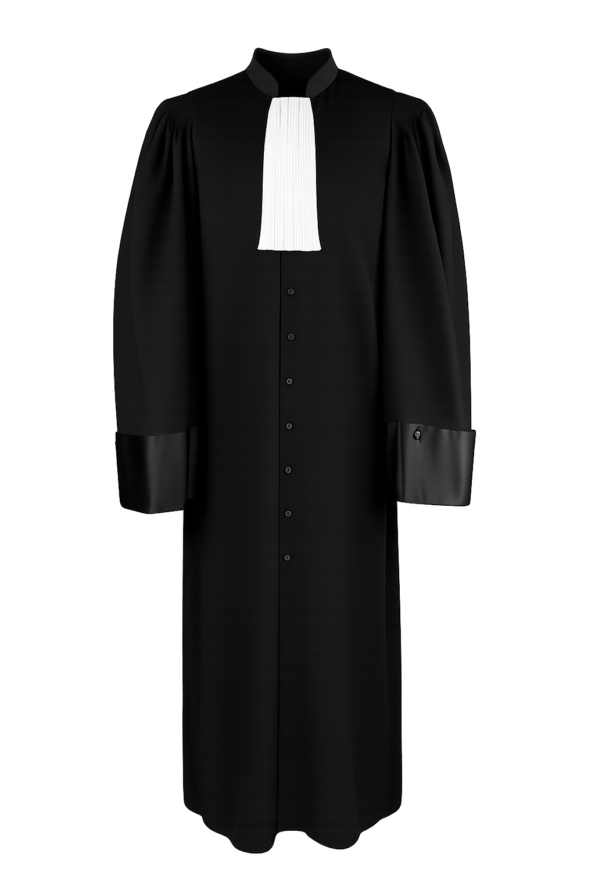 Robe noire de commissaire de justice sur fond clair