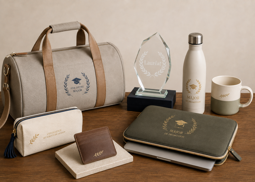 trophée en verre, sac de sport bi matière taupe avec un logo imprimé bleu marine, une gourde en aluminium, une trousse beige, un porte carte en cuir avec une feuille de laurier imprimé en doré.tous ces objets sont sur une table en présentation