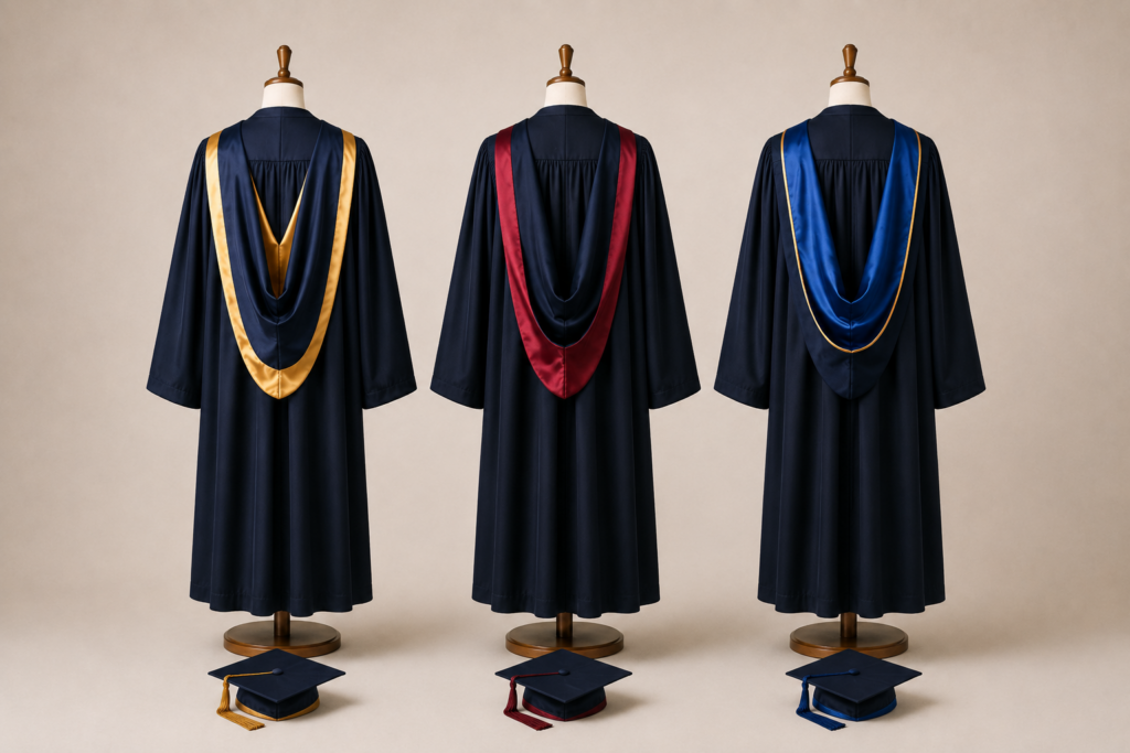 Three black graduation gowns displayed on mannequins with coloured academic hoods