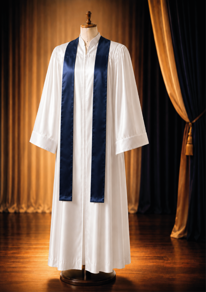Gospel choir robes displayed on mannequins in coordinated colours