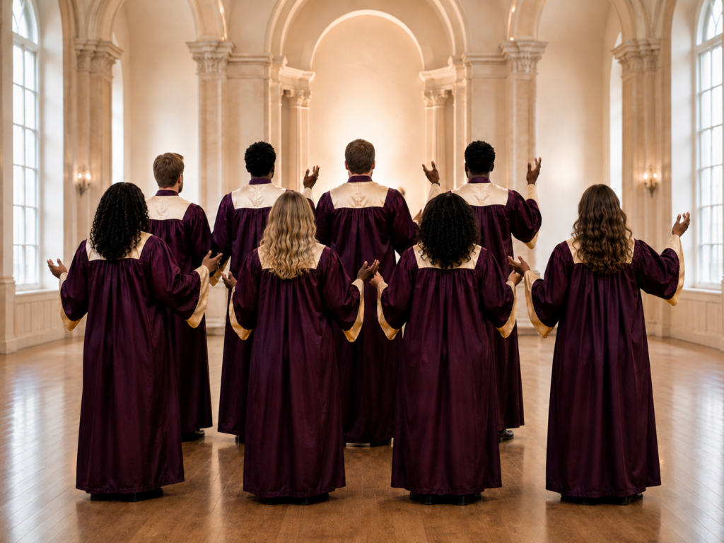 Gospel choir members wearing coordinated choir robes during a stage performance