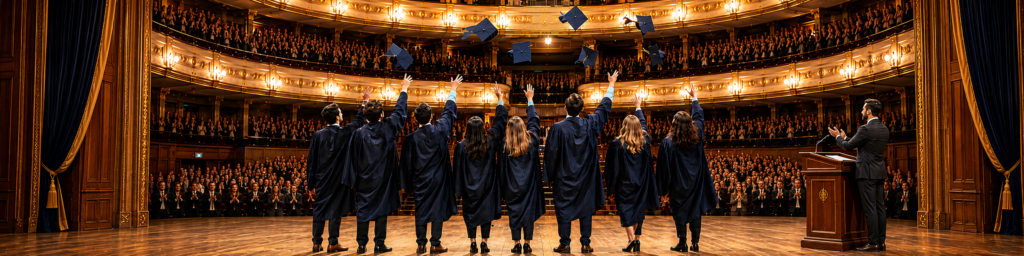 Graduates wearing academic gowns and throwing mortarboards in the air during a graduation