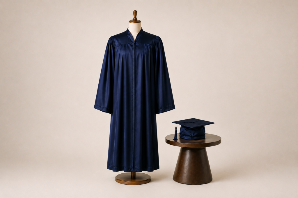 navy blue graduation gown with mortarboard displayed for an academic ceremony
