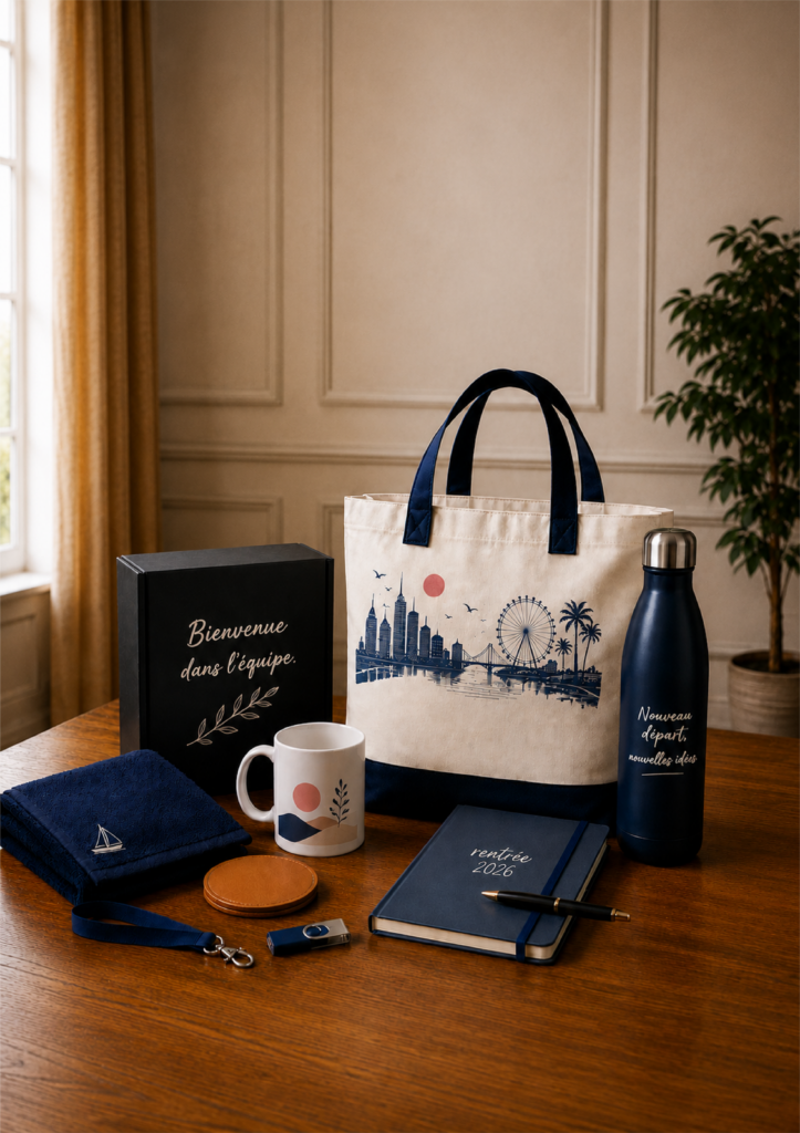sac en coton avec logo, un carnet une serviette un mug une gourde sont sur une table en présentation