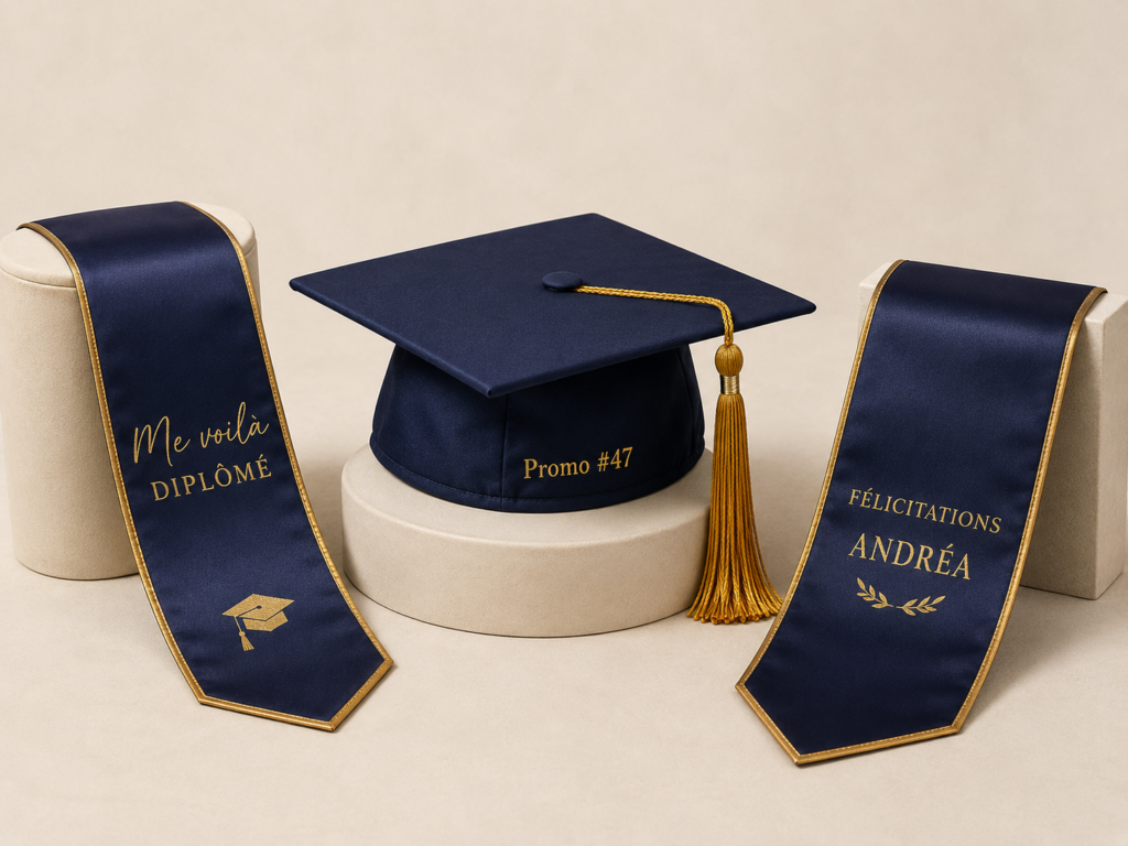 deux écharpes bleu et liseré doré avec des texte de diplomé en broderie et une toque bleu nuit et un cordon de diplômé doré en présentation