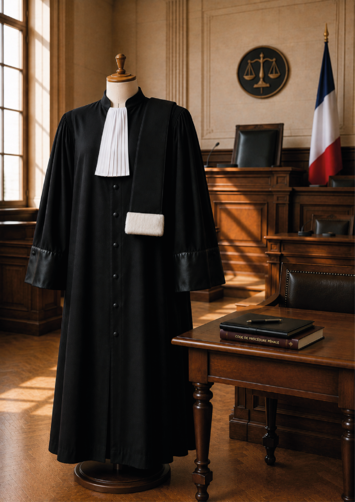robe noire d'avocat avec une epitoge un rang de fourrue dans un tribunal français
