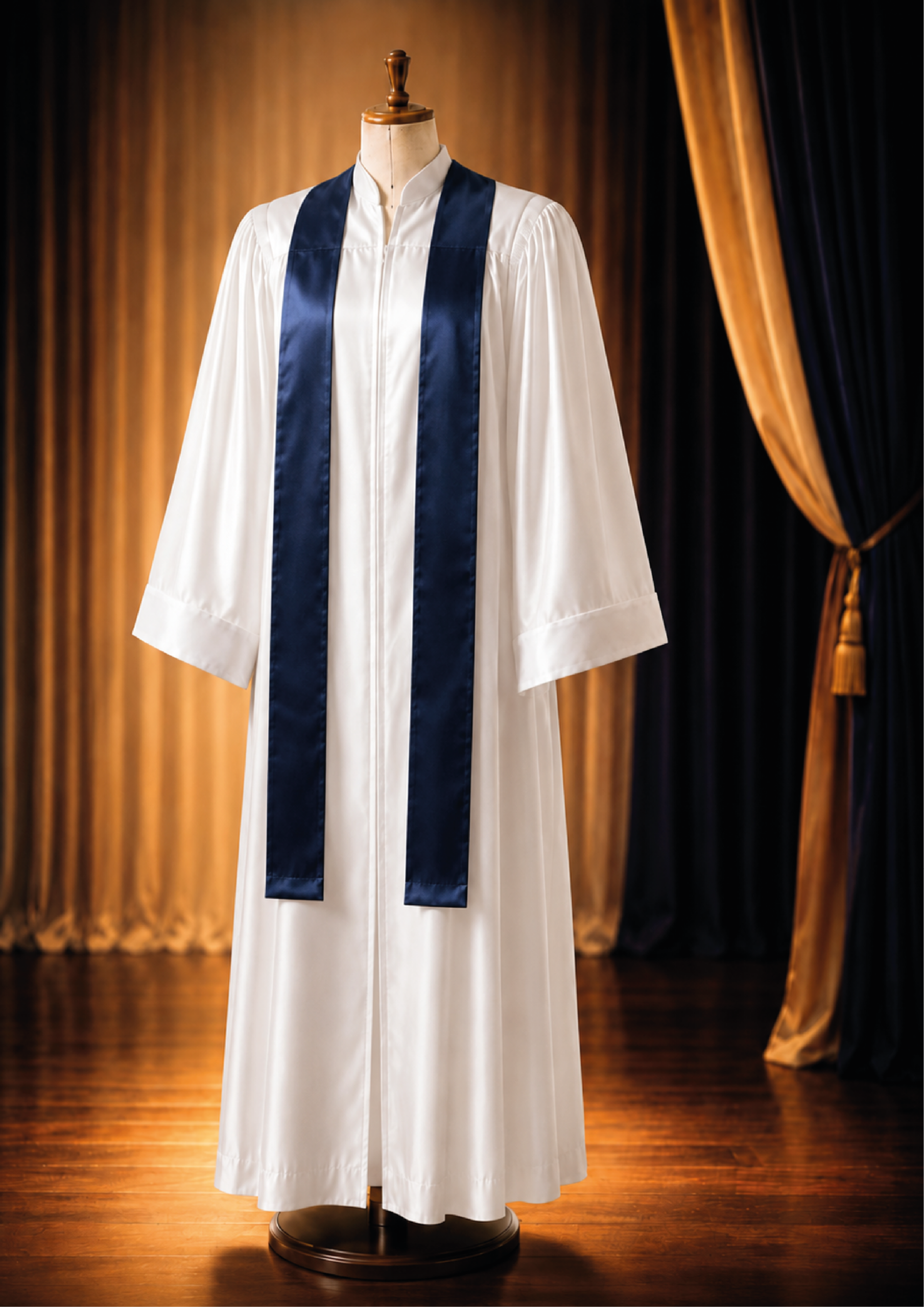 robe blanc satiné avec une écharpe longue bleu marine sur un mannequin en bois