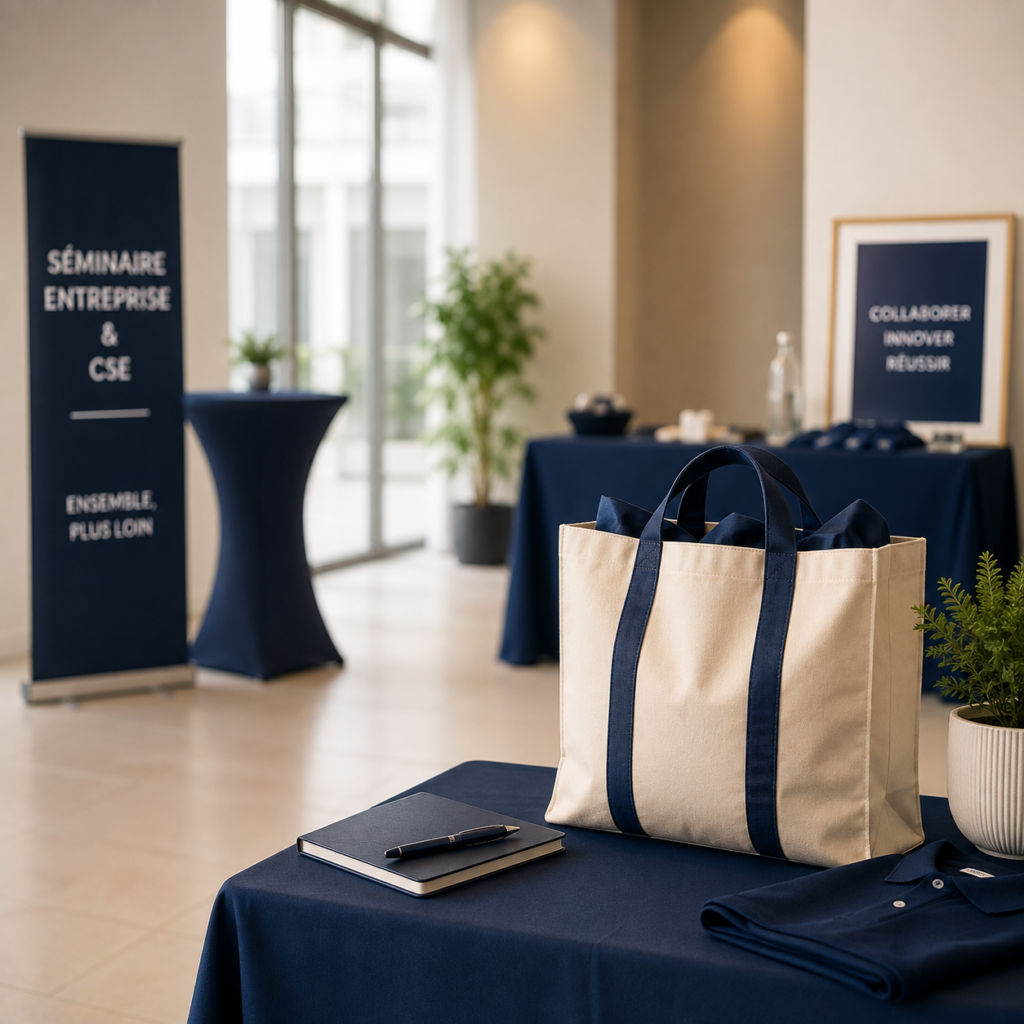 sac en coton beige posé sur une table de séminaire avec un carnet et un stylo bleu