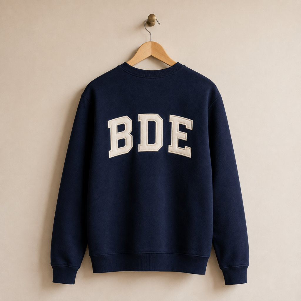 sweat ras de cou bleu marine avec une broderie blanche accroché au mur par un cintre en bois