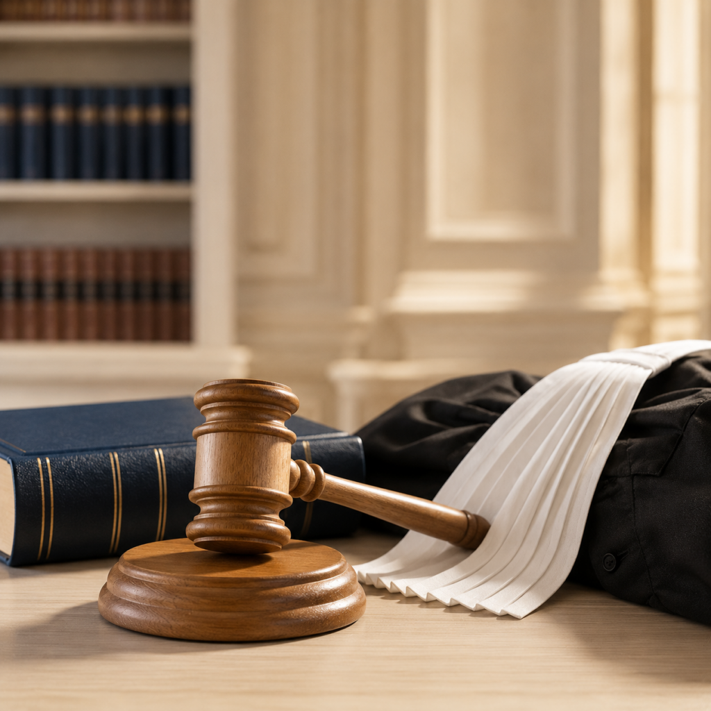 marteau de président en bois à coté d'un rabat blanc d'avocat