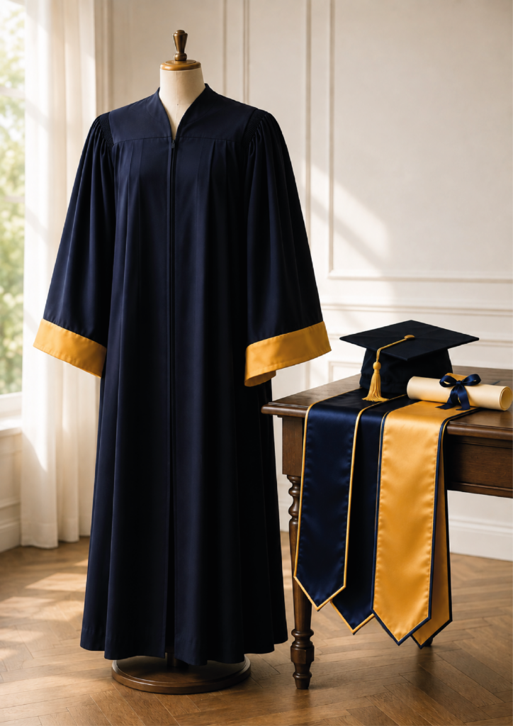 robe de diplômé bleu mat avec des manches bordées de doré sur un mannequin en bois, une toque et des écharpes sur une table